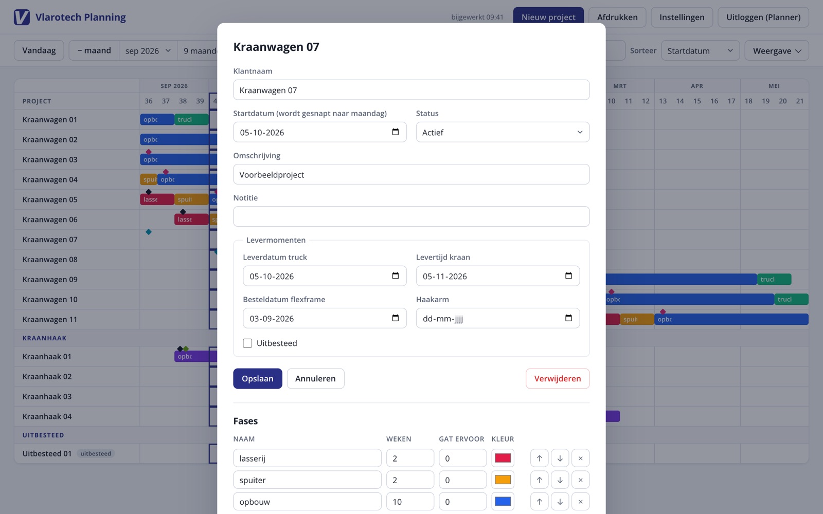 Het projectvenster met startdatum, levermomenten en fases