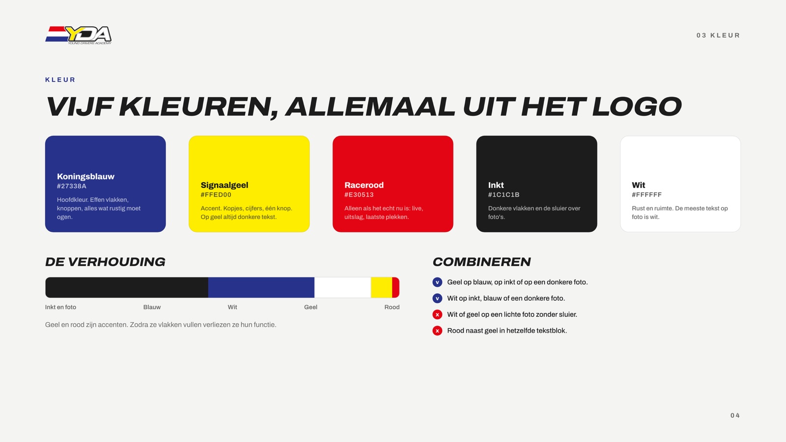 The colour page from the YDA brand guide